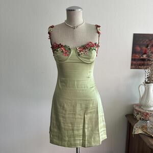Princess Polly green satin dress with floral embroidery